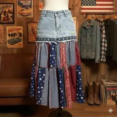 個性派古着 アメカジ 星柄×花柄 パッチワーク デニムロングスカート リメイク風