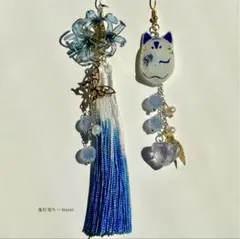 再販未定 青彼岸花と鬼灯と蓮の和風ピアス 蝶々と淡水パール、ロング