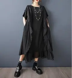 【新品】大きいサイズ春夏ワンピース アシメ半袖レディースゆったり黒　きれいめ