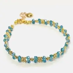 ハンドメイド ビーズブレスレット ゴールド×ブルー クリスタル ハートチャーム