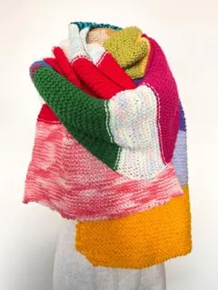 パッチワーク カラフル ニット マフラー ストール　ショール 大判マフラー　毛糸