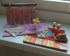 ミニチュア ハンドメイド 几帳と桃の節句の小物セット