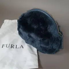【新品】FURLA フルラ ポーチ ファー ダークブルー ラウンド型 巾着付