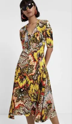 デシグアルフローラルプリントVネックフレアドレスワンピースdesigual Sのサムネイル