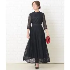 【レースレディース】花柄総レースロング丈フレアワンピースドレス 透け感 結婚式