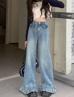 【美品】SHEIN 裾フリル デニムパンツ ワイドデニム ウォッシュド Sのサムネイル