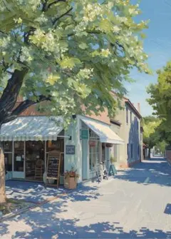 1795 ヨーロッパの街角！美しい木漏れ日とカフェ風景の油絵風ポスター