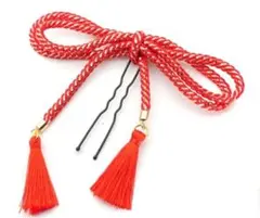 江戸組紐 髪飾り 赤 タッセル付き Uピン