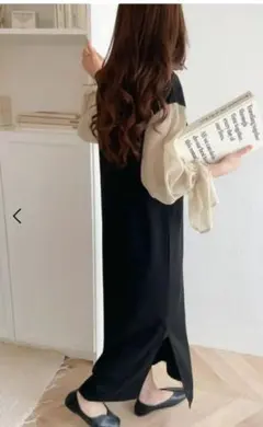 シアー袖 Vネック ワンピース 黒　タグ付き