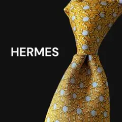 綺麗★HERMES　エルメス　ネクタイ　イエロー　リング　総柄　ビジネス