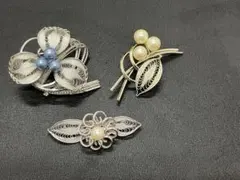 【美品】ヴィンテージ フィリグリー ブローチ 3点おまとめ 銀線細工 パール調