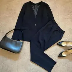 GLACIER ノーカラーパンツスーツ セットアップ 紺 M 洗える