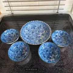 青い花柄の皿 5点セット