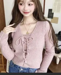 キャミ付きレースアップショート丈リブニットカーディガンアンサンブル