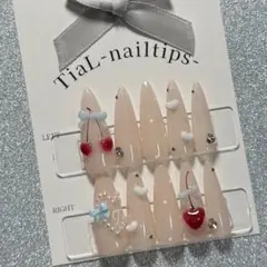 92【サイズオーダー】ネイルチップ　フレンチガーリー　さくらんぼ　イニシャル　春