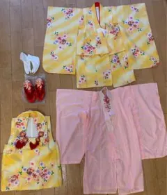 3歳　女の子　七五三　初詣　黄色　赤　着物　セット【足袋　草履　付き】