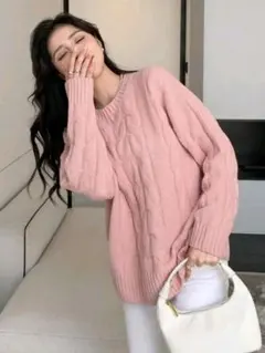 DAZY Kpop 無地柄 ケーブルニット ドロップショルダー セーター　ピンク