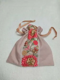 ハンドメイドインド刺繍リボン巾着袋