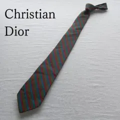 クリスチャンディオール ネクタイ カーキ系 ストライプ柄 シルク【n5847】