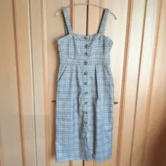 チェック柄 キャミワンピース　M 　前ボタン　ノースリーブ　グレー　ポケット