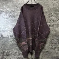 古着　90s ヴィンテージ 総柄ニットセーター　紫パープル　昭和レトロ　OLD