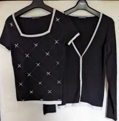 【Msize】長袖半袖ラインストーンモノトーン 2枚セット黒のダイヤモンド模様