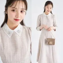 ピンクベージュ レース襟付きバックレースアップツイードワンピースtoccoトッコ