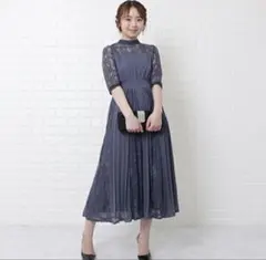 LaceLadiesハイネック5分袖レース切り替えワンピースドレス ブルーグレー