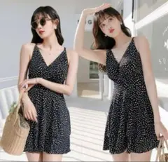 レディース水着Vネックワンピースバッククロスライン総柄ドット柄フレアブラックXL
