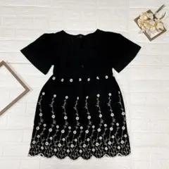 Shadow Roll 花柄刺繍チュニック ブラック×ホワイト Mサイズ