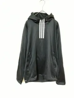 アディダス　フーディー　レディースL　黒色　プルオーバー　ジッパーポケット　ロゴ