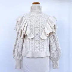 ZARA オフホワイト ハイネック フリル クロップド ケーブルニット セーター