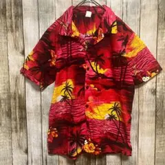 A12 アロハシャツ サンセット×ヤシ柄 フェス リゾート コットン100% 赤