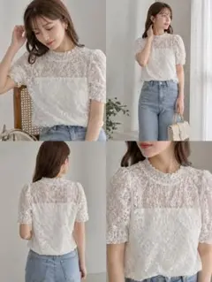 白レーストップス 半袖 ハイネック パフスリーブ 上品 ガーリー Lサイズ