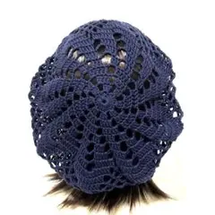 ネイビー　レース編み　ベレー帽　ハンドメイド
