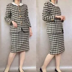 レトロ古着 千鳥格子柄ツイードジャケット スカート セットアップスーツ 金ボタン