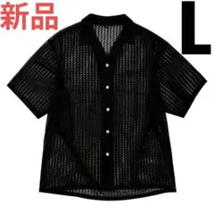 ★新品★ストライプレースオープンカラー半袖シャツ サイズＬ ブラック