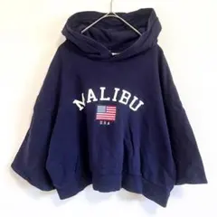 ◉H&M　クロップド丈プルオーバーパーカー　ネイビー　七分袖　M　プリントロゴ