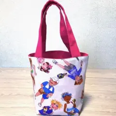 ハンドメイド新品＊ピンクのキャンバス&ロロライハリス生地両面トートバッグ＊弁当袋