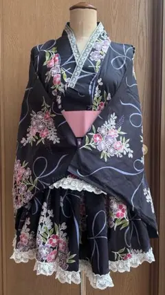 浴衣ドレス 黒地に花柄♡姫ギャル 量産型 フリル レース 大人用 S～M