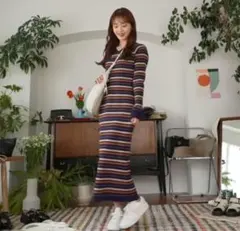 PINUE マルチボーダーニットワンピース ネイビー　M