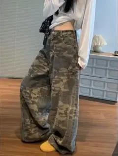 新品未使用　ワイドデニム　迷彩パンツ　カモフラ柄　ストリート　韓国系