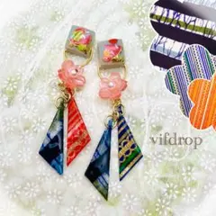 【藍染よろけ縞・縞和柄】さんかく和紙&スイカとスイカバー柄タイルの和風ピアス