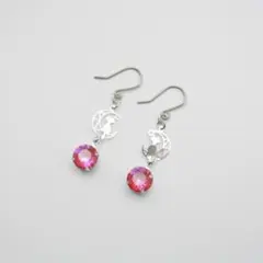 【ロイヤルレッド】スワロフスキー 三日月と猫 フックピアス