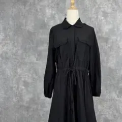 ミリタリーテイスト 丸襟　ウエストギャザー ブラックシャツワンピース