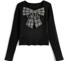 チェック柄リボンドッキングリブニットトップス ブラック