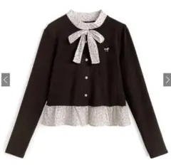 【新品タグ付き】リボン&ブローチ付きドット柄ドッキングカーディガン ac2623