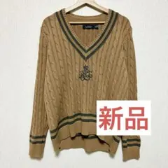 【新品タグあり】ラルフローレン ケーブルニット Vネック ロゴセーター ブラウン