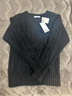 MOUSSY ポンポン付き ケーブルニット ブラック