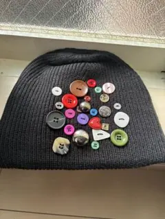 ボタン付き黒ニット帽　y2系　韓国系